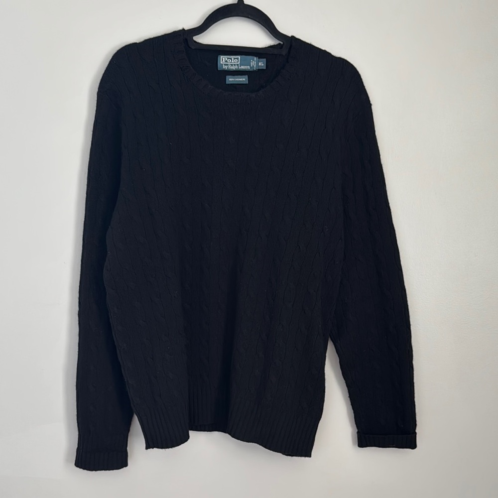 100% Cashmere Polo by Ralph Lauren Black Crewneck Sweater Timeless Knit Style